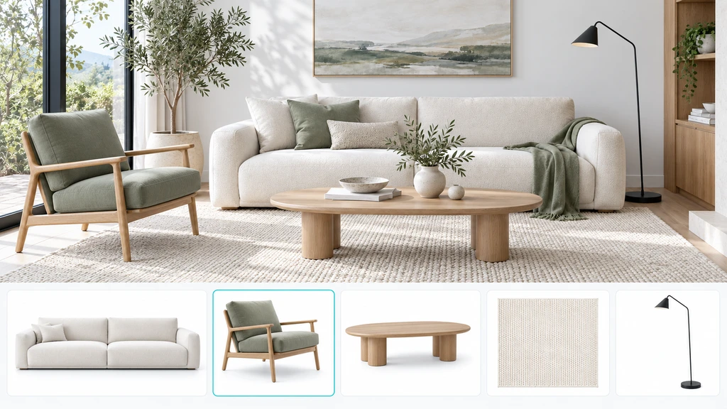 Sunlit living room with a cream sofa and sage chair above matching furniture, rug, and lamp product images.