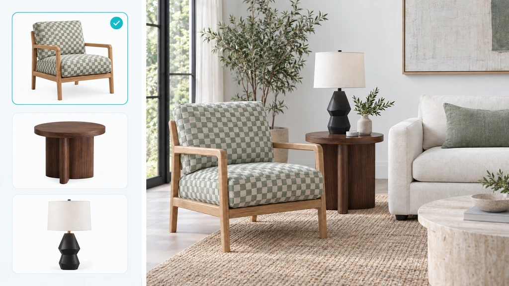 Catalog images of a checkered chair, walnut side table, and geometric lamp beside a room featuring those items.