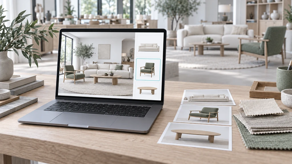 Laptop showing a living room preview beside printed furniture photos and upholstery swatches.
