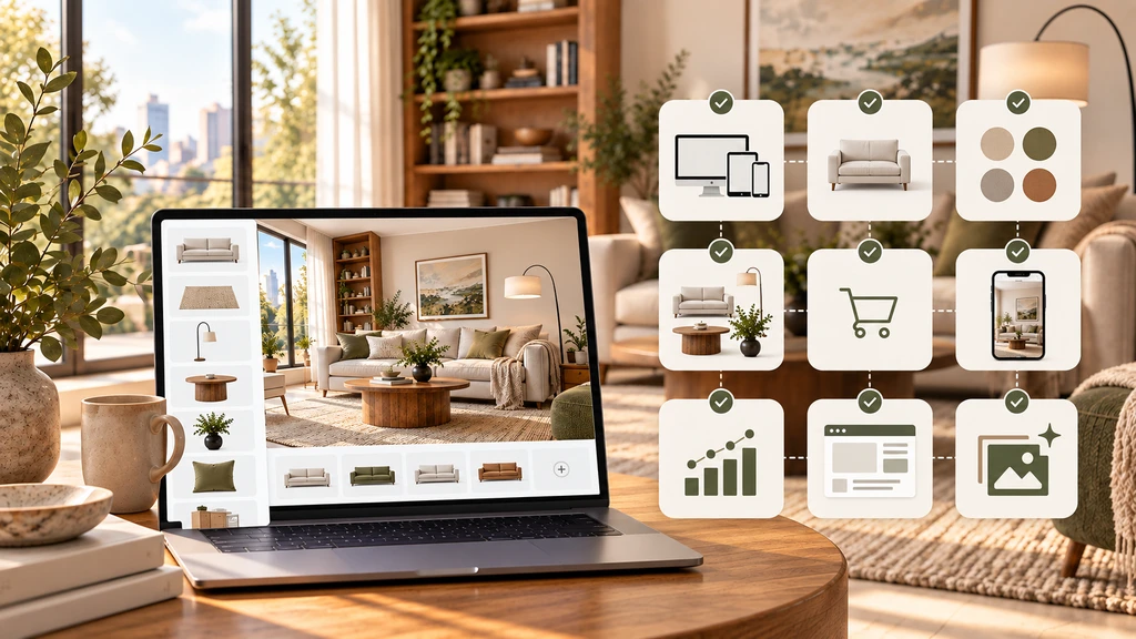 Interactive furniture visualization showing selectable sofa, chair, table, rug, lamp and décor products within the same living room.