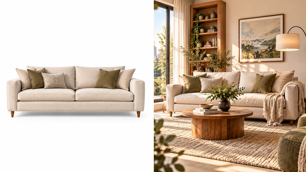 AI room visualization interface showing furniture and décor products applied to the same sunlit living room.