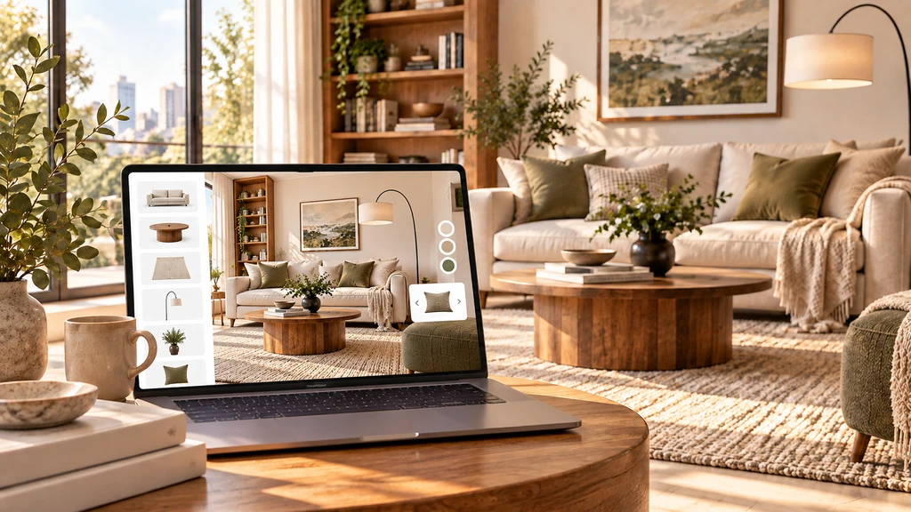 Shopify room visualizer displayed on a laptop in a warm modern living room, previewing a sofa, rug and floor lamp in the shopper’s space.