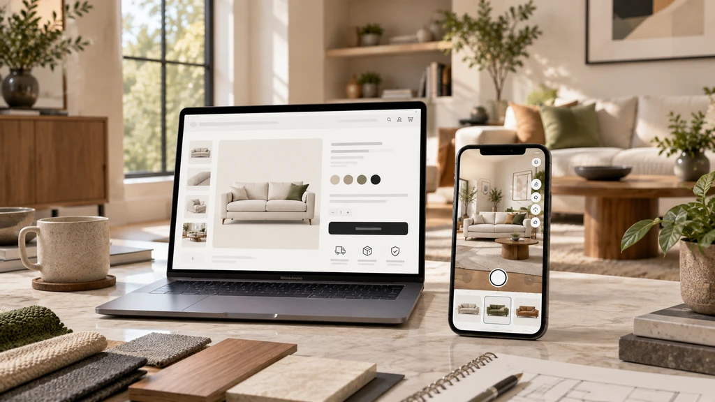 Laptop showing a furniture product page beside a smartphone room preview, with material swatches and planning notes in a bright living room setting.