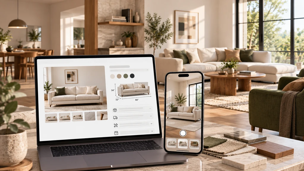 Laptop displaying a sofa product page with dimensions, configuration details, color options, and product thumbnails in a warm, contemporary living room.