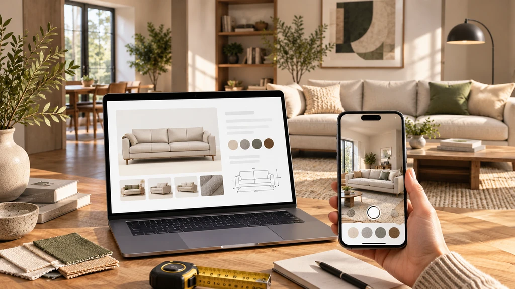 Modern living room with a laptop showing a sofa product page and a smartphone previewing the same sofa in the room, surrounded by fabric swatches, a tape measure, and styling samples.