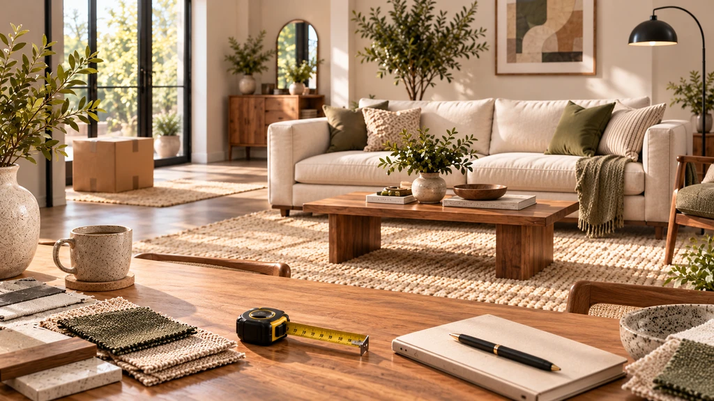 Sunlit modern living room with a cream sofa, natural wood coffee table, fabric and material samples, measuring tape, and planning notebook arranged for furniture buying decisions.