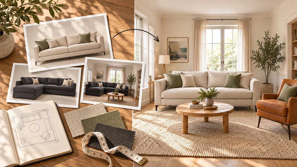 Furniture visualization concept showing sofa options, fabric swatches, room measurements, and a final living room preview with the selected sofa in place.