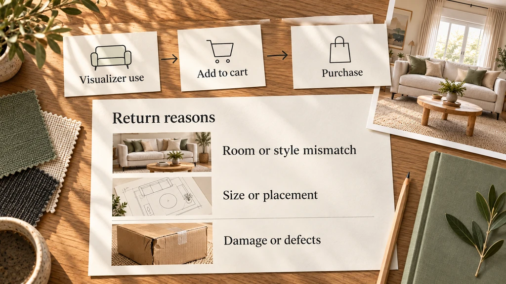 Furniture ecommerce journey showing room visualizer use, add to cart, purchase, and common return reasons including style mismatch, size or placement issues, and product damage.