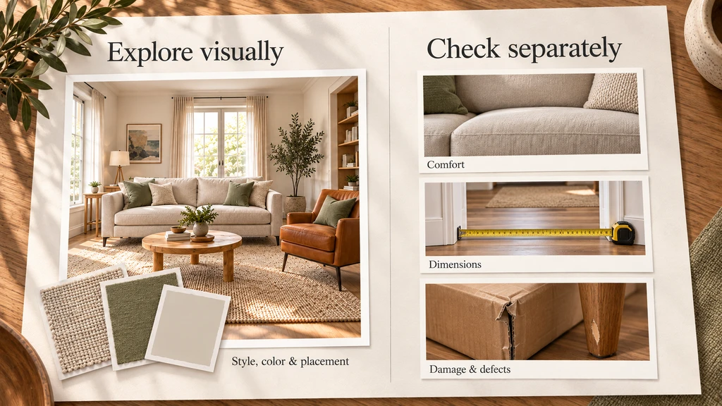 Room visualization guide showing what shoppers can explore visually, style, color, and placement, and what they should check separately, including comfort, dimensions, and product damage.