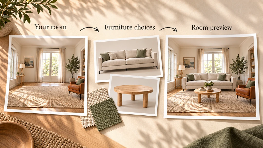 Room visualization workflow showing a customer’s living room, selected sofa and coffee table, and the final furnished room preview.