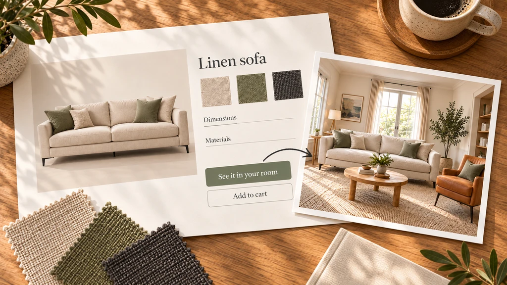 Shopify furniture product page showing a linen sofa, fabric swatches, product details, a “See it in your room” button, and the sofa visualized in a customer’s living room.