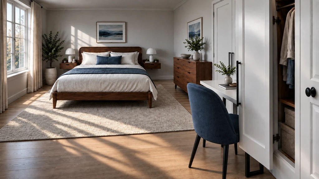 A 3D visualized bedroom illustrates how to plan a room around existing furniture, with a bed, desk, bookshelf, and wardrobe arranged for optimal flow and combining old and new pieces to solve common small room redesign challenges.