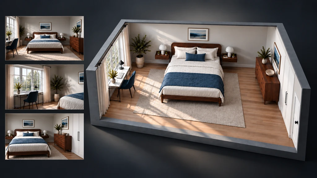 3D bedroom cutaway with a walnut bed, matching dresser and window desk, above three views of the same room.