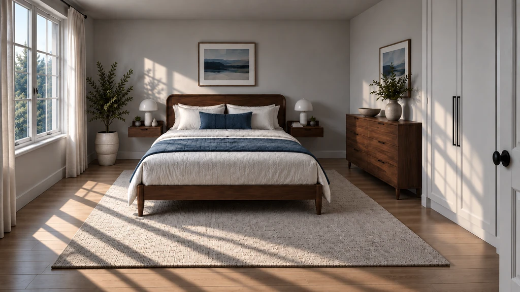 Walnut bed and matching dresser in a bright bedroom, with unused floor space beneath a large curtained window.