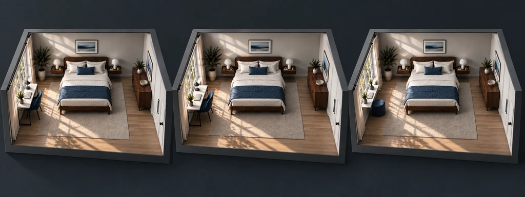 Three 3D bedroom layouts compare a window desk, a desk farther along the wall and a narrow writing shelf.