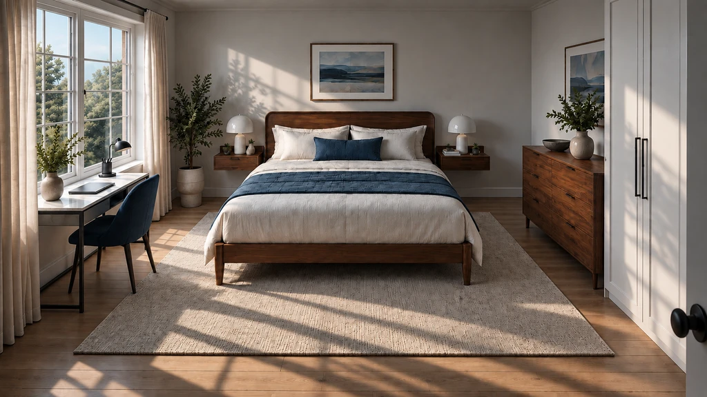 Sunlit walnut bedroom with blue bedding, a white window desk and a blue chair beside the bed.