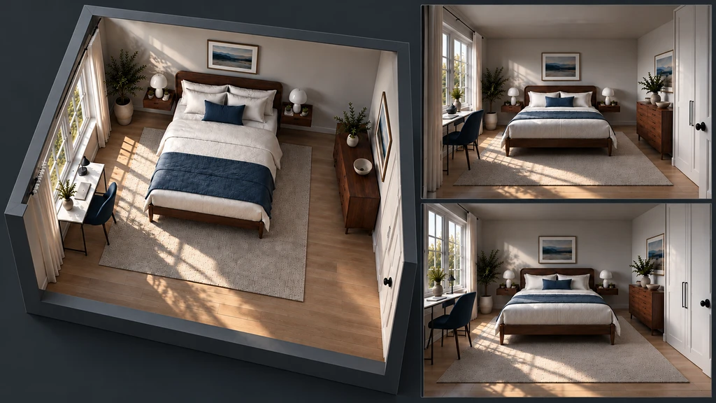 Overhead photorealistic view of a modern bedroom planned around existing furniture, highlighting how to visualize room layout in 3D and tips for combining old and new furniture with careful material matching and clearances.