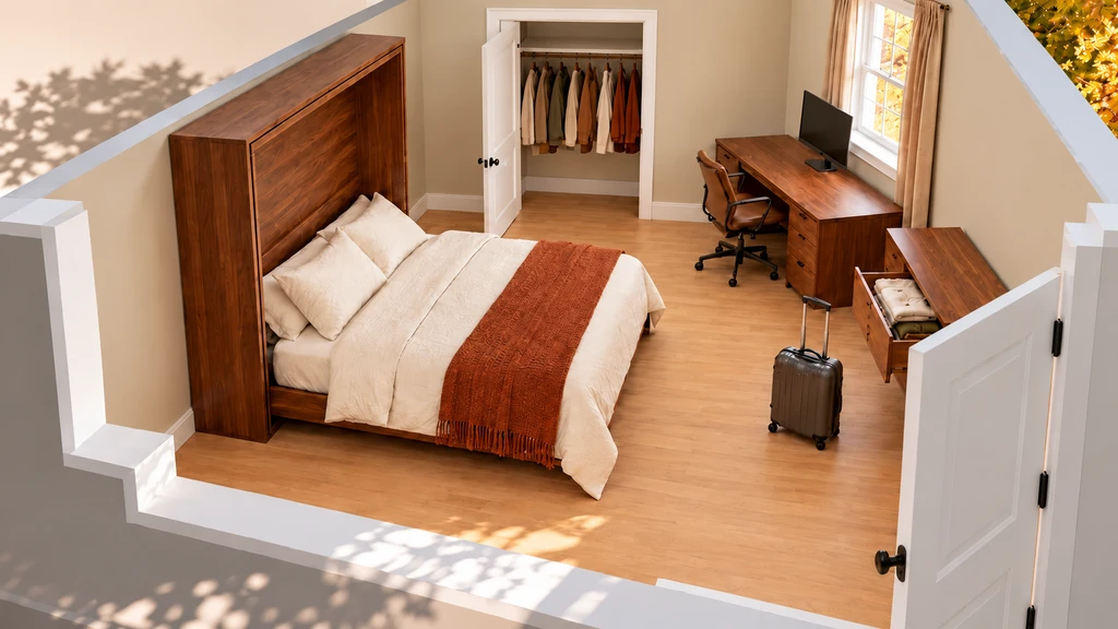Multipurpose guest bedroom with an open trundle bed, desk, wardrobe, door swing, and 3D cutaway showing the remaining walking route.