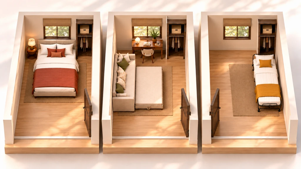 Isometric 3D study of three guest-bedroom layouts showing a queen bed, twin bed, trundle, sleeper sofa, and folding bed.