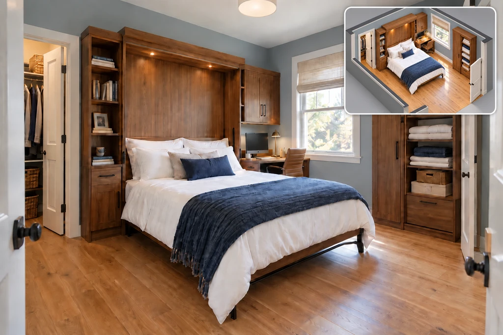 home-office guest bedroom with a queen Murphy bed, desk, open closet, linen storage, and 3D everyday-mode view.