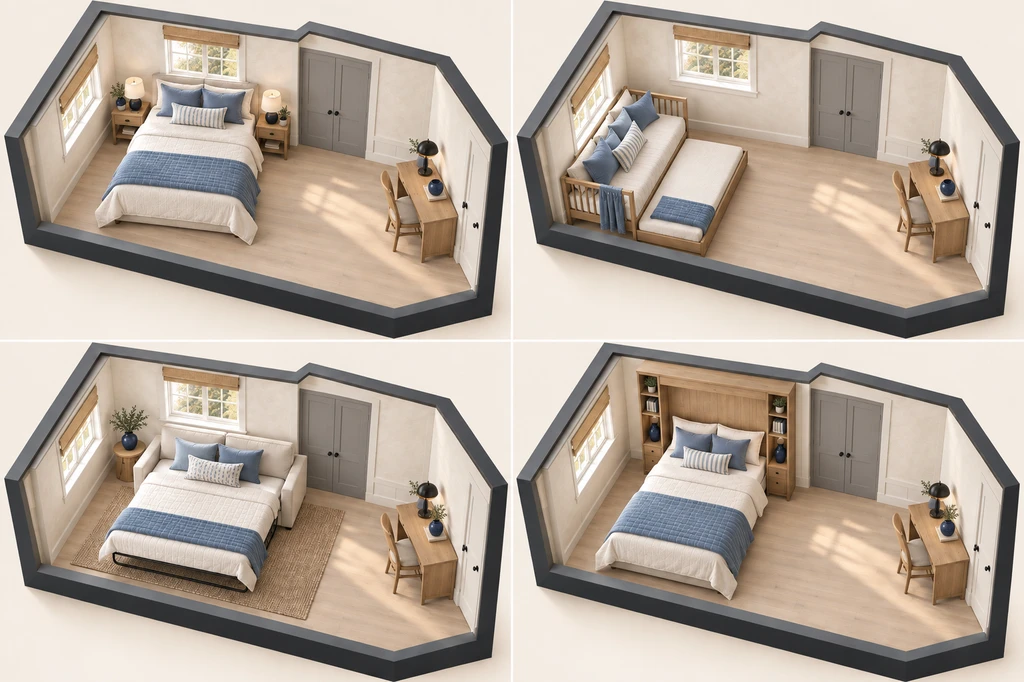 Four isometric 3D views of the same minimalist Spanish guest room, comparing a queen bed, daybed with trundle, open sleeper sofa, and built-in guest bed.