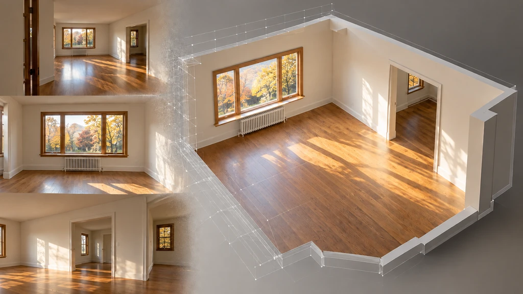 Three room photos merging into a realistic 3D model of the same living room, showing how separate 2D images become one connected space