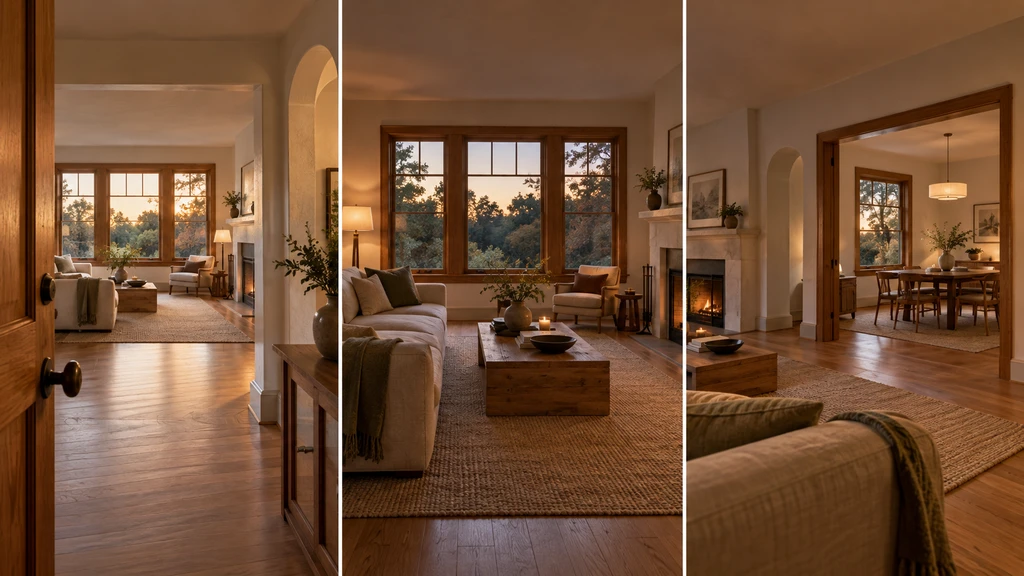 Three views of the same empty 3D living room model: from the entry, facing the main window, and through a connected opening