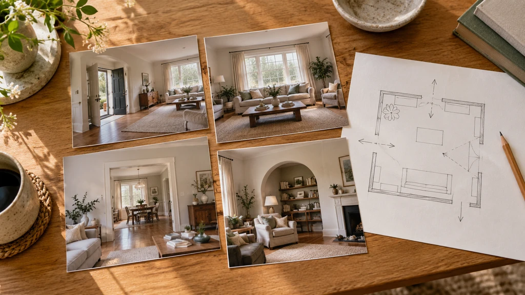 Four printed room photos and a simple room outline showing views from an entry, window wall, adjoining opening, and architectural arch.
