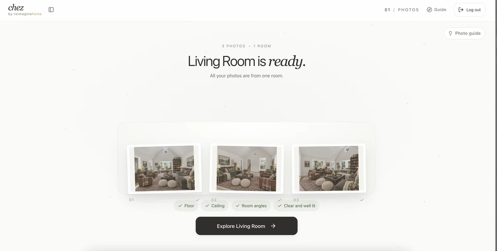 Three living room photos grouped in Chez, with checks for floor, ceiling, room angles, and lighting.