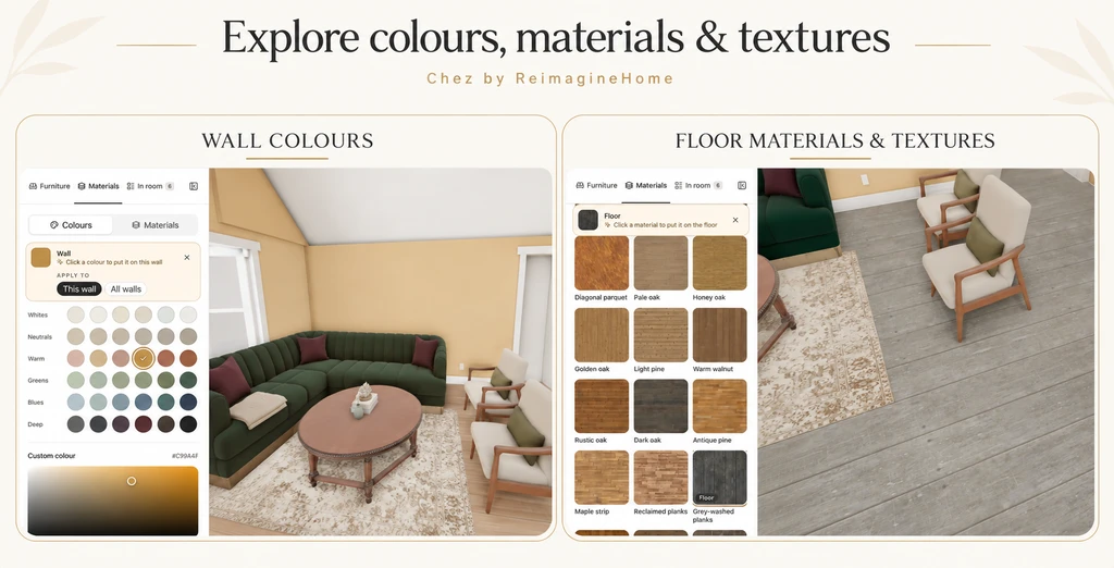 Chez 3D room editor showing wall colour options alongside floor material swatches and grey-washed plank flooring.