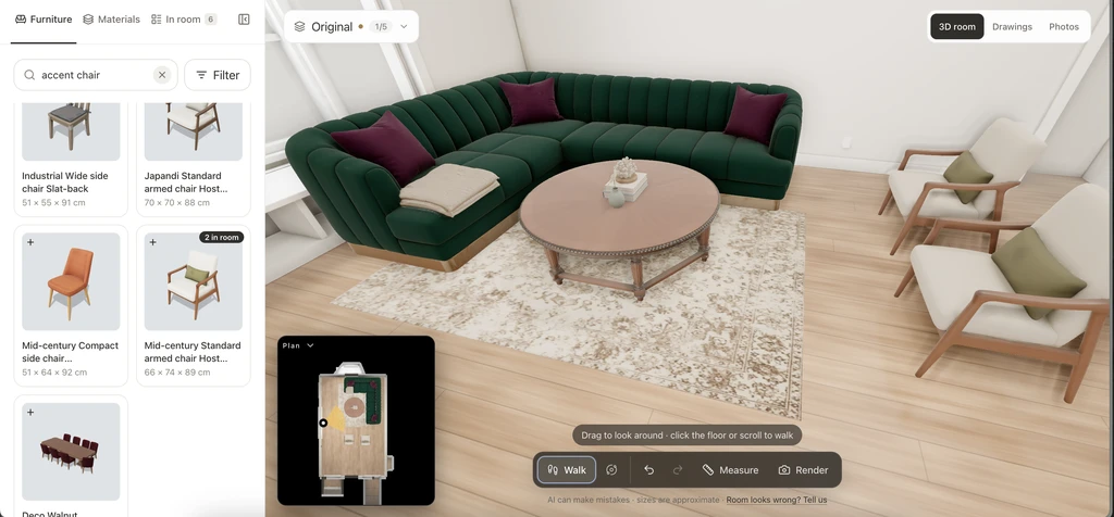 Chez 3D walkthrough showing a living room with a green sectional sofa, round coffee table, rug, and two accent chairs.