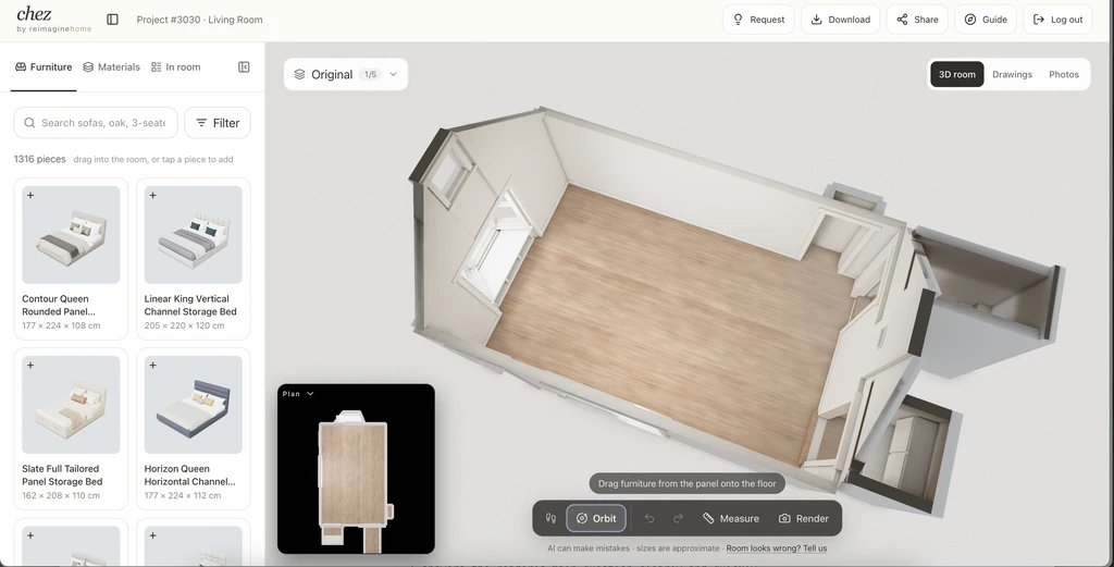 Chez by ReimagineHome 3D room editor showing an unfurnished room with wood flooring, a furniture catalog, and a floor plan preview.