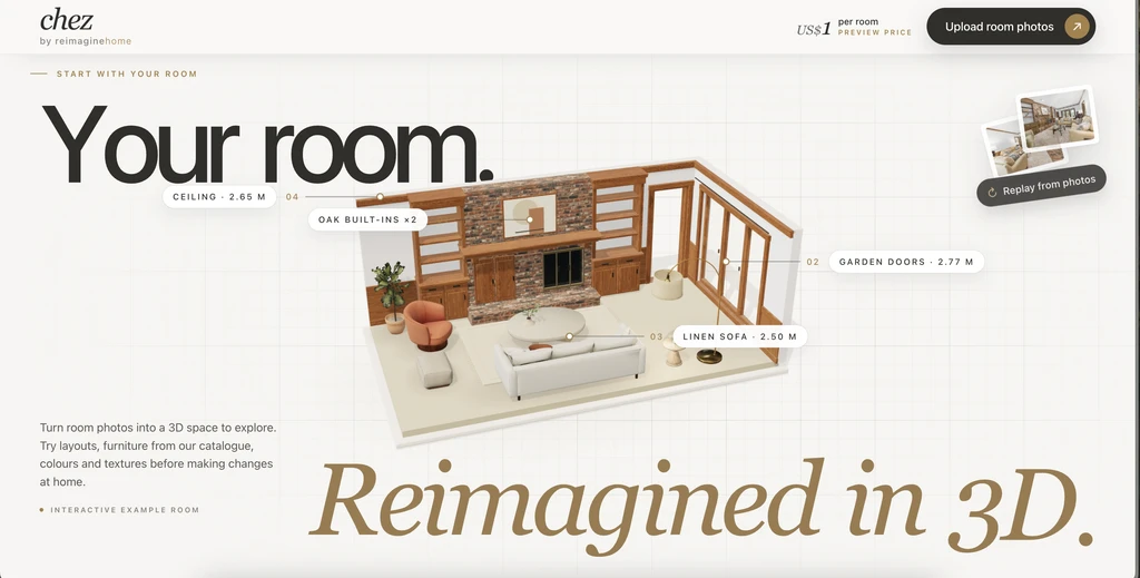 Chez by ReimagineHome showcasing a 3D living room with a brick fireplace, built-in shelving, and furniture.