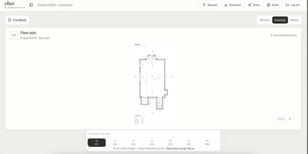Generated living room floor plan in Chez by ReimagineHome, with dimension annotations and tabs for six elevation drawings.