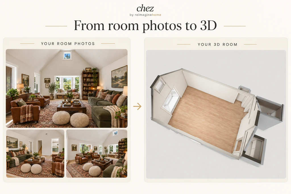 Three living room photos compared with the generated unfurnished 3D room in Chez by ReimagineHome.