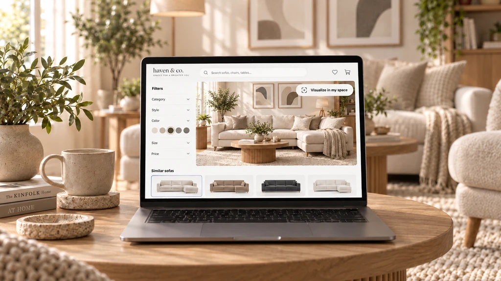 Laptop displaying furniture filters, similar sofa options, and a neutral room visualization preview to help Shopify shoppers compare products in context.
