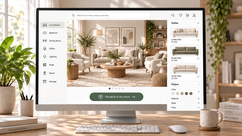 Shopify furniture shopping interface with room categories, sofa options, product filters, and a neutral living room visualization preview for product discovery.