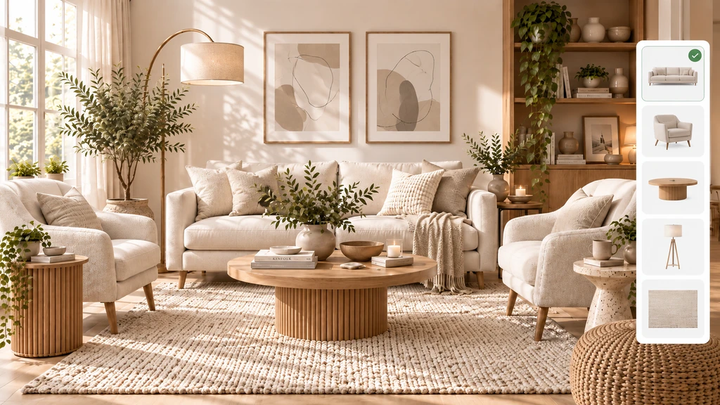 Neutral living room with a product selection panel showing a sofa, armchair, coffee table, floor lamp, and rug for multi-product room visualization.