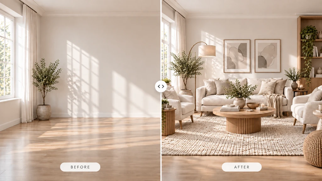 Before-and-after room visualization showing an empty living room beside the same space furnished with a neutral sofa, armchairs, rug, coffee table, lighting, wall art, and décor. Caption: