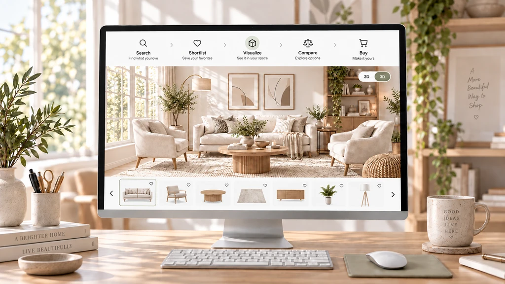 Desktop room visualization interface showing a neutral living room and a shopper journey from Search and Shortlist to Visualize, Compare, and Buy.
