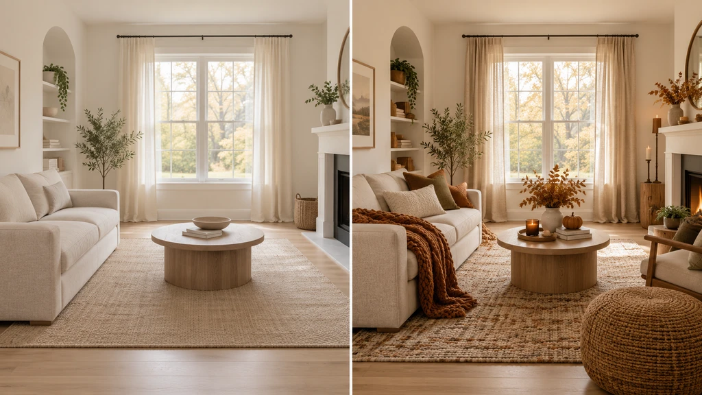 Side-by-side living room comparison showing a neutral everyday setup and a warmer fall version with layered textiles, seasonal accents, and additional flexible furniture.