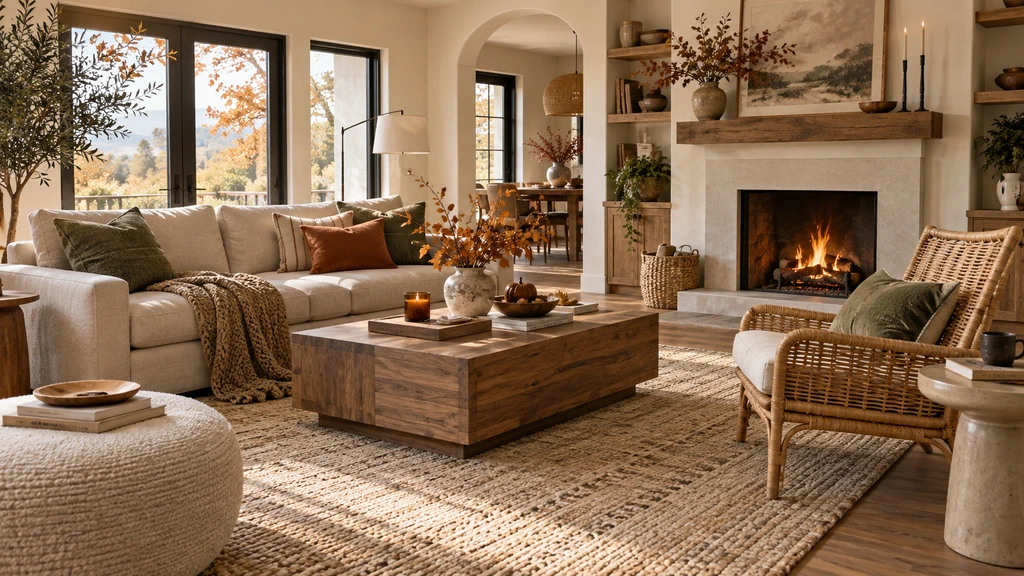 Warm fall living room with a neutral sofa, woven accent chair, wood coffee table, fireplace, layered textiles, and subtle autumn décor in a softly lit October setting.
