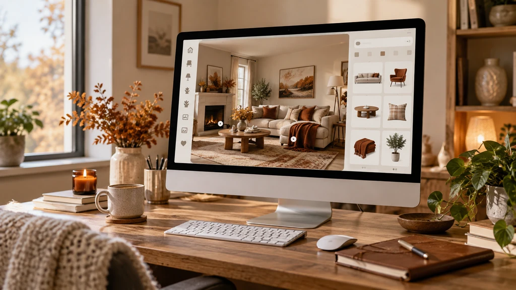 Desktop room visualization interface showing a fall-themed living room with furniture and décor options for comparing seasonal product choices in context.