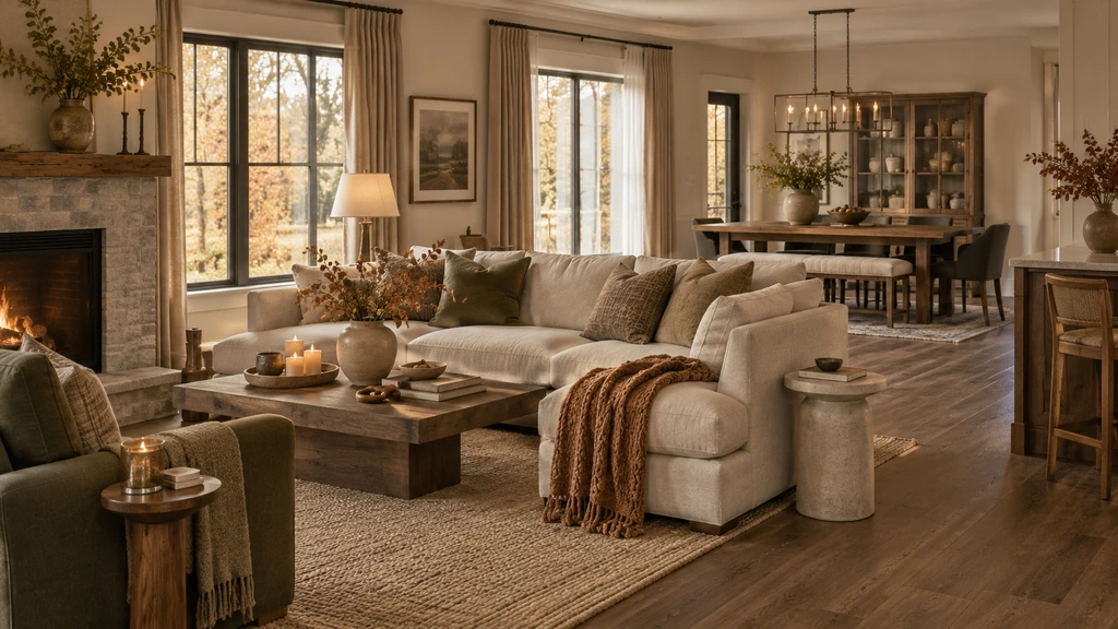 Warm fall living and dining room with a neutral sectional sofa, layered cushions, wood coffee table, fireplace, dining table, and subtle seasonal textures in soft October light.