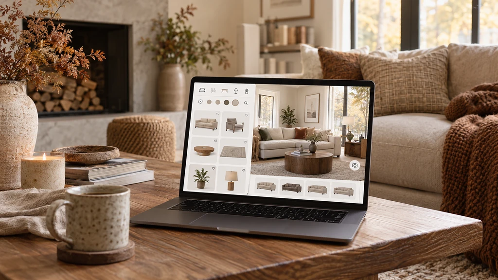 Laptop displaying a fall-themed room visualization interface with sofas, chairs, tables, rugs, plants, and lighting options for comparing seasonal furniture in context.