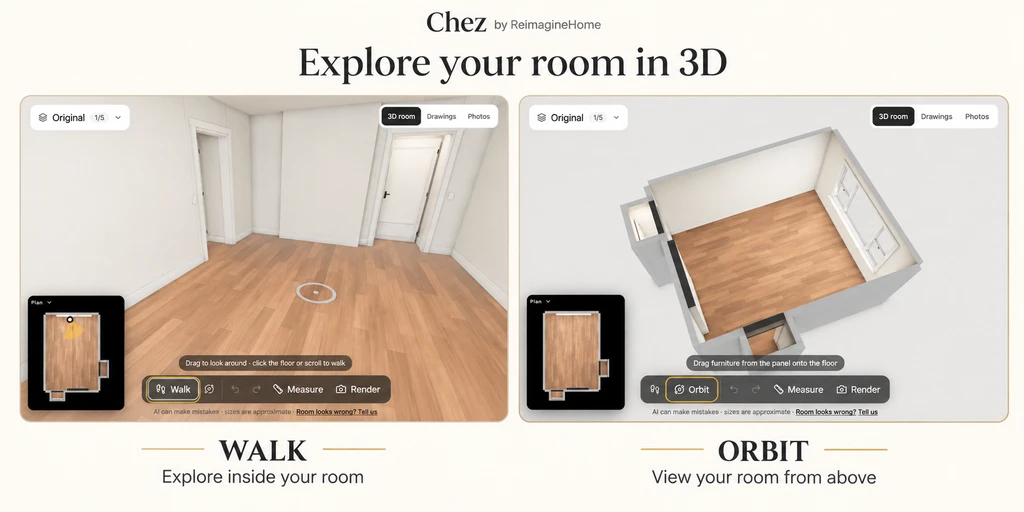 Side-by-side Chez screenshots showing an interior view in Walk mode and an overhead room view in Orbit mode, with both controls highlighted.