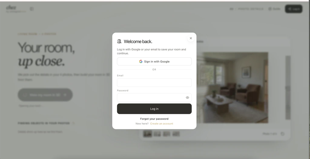 Chez login window with Google sign-in, email and password fields, and a create-account option.