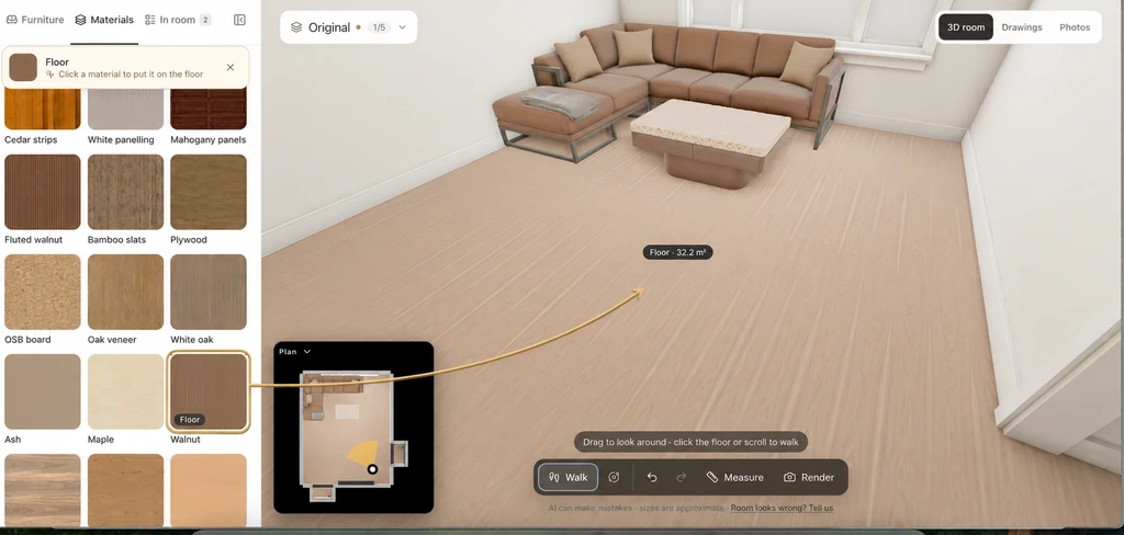 Chez Materials panel with the Walnut swatch highlighted and an arrow pointing to the floor in the 3D room.