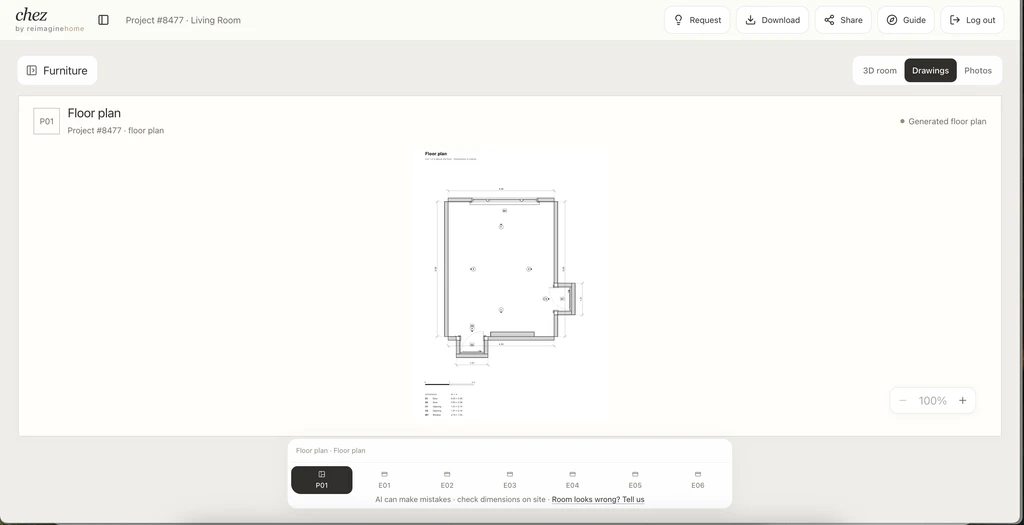 Chez Drawings tab displaying a generated living room floor plan with dimension annotations and six elevation tabs.
