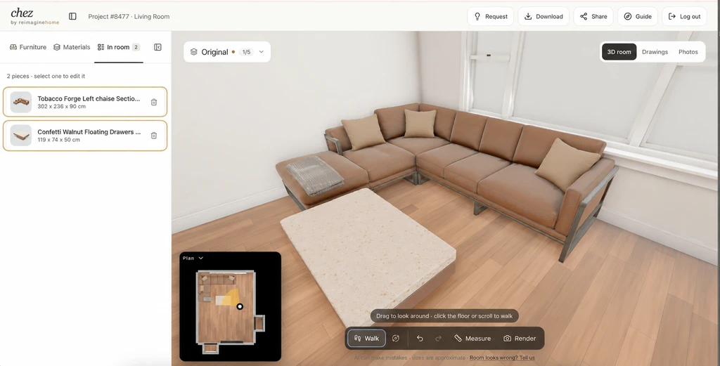 Chez 3D room with a sectional sofa and table, with both furniture entries highlighted in the left “In room” panel.